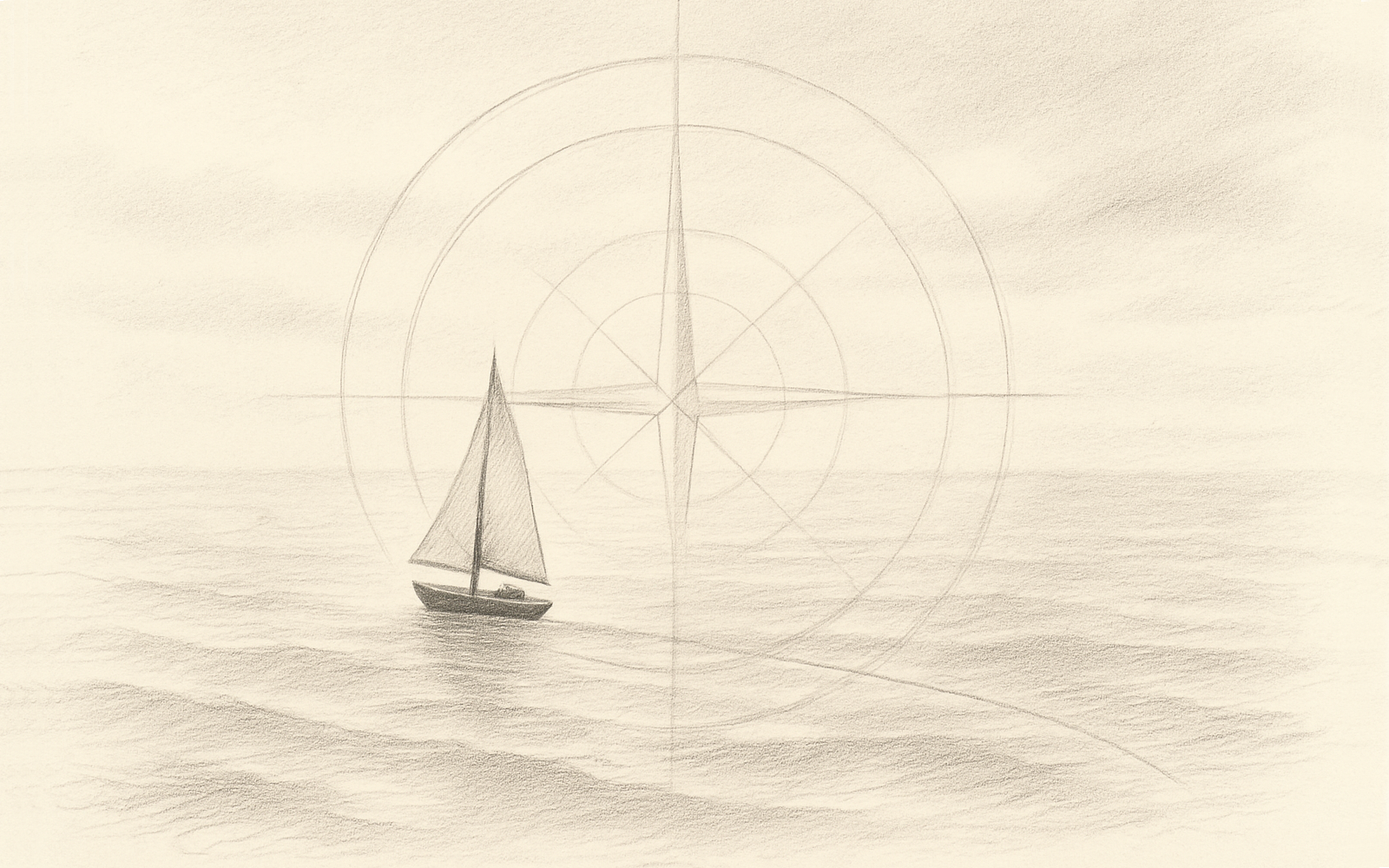 Minimalist seascape with a tiny sailboat drifting under soft pencil-drawn compass lines symbolizing AI-guided creative direction