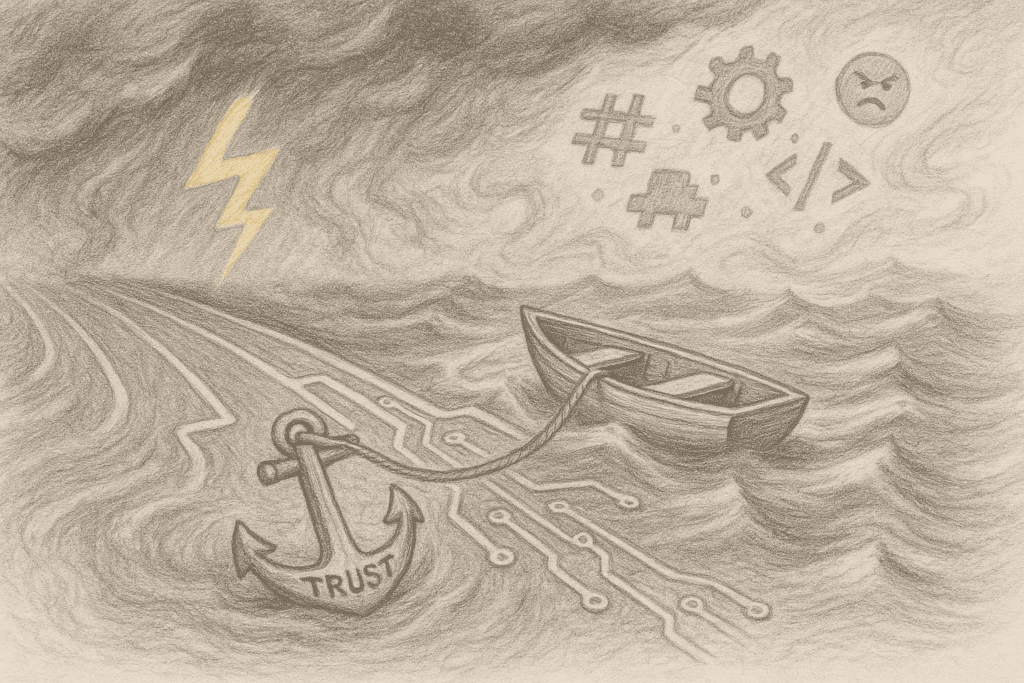 Anchor labeled "TRUST" stabilizing boat amidst AI-driven storm.