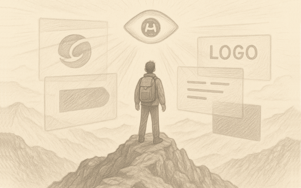 A figure on a mountaintop surrounded by semi-transparent design elements and a subtle AI eye above, suggesting brand pattern recognition