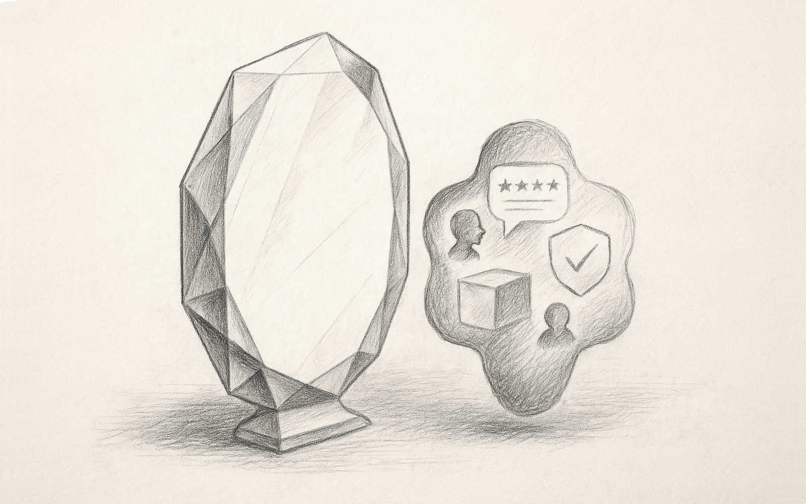 Graphite illustration of AI as a crystalline mirror reflecting brand truths—customer experiences, CEO statements, and reviews revealing integrity.