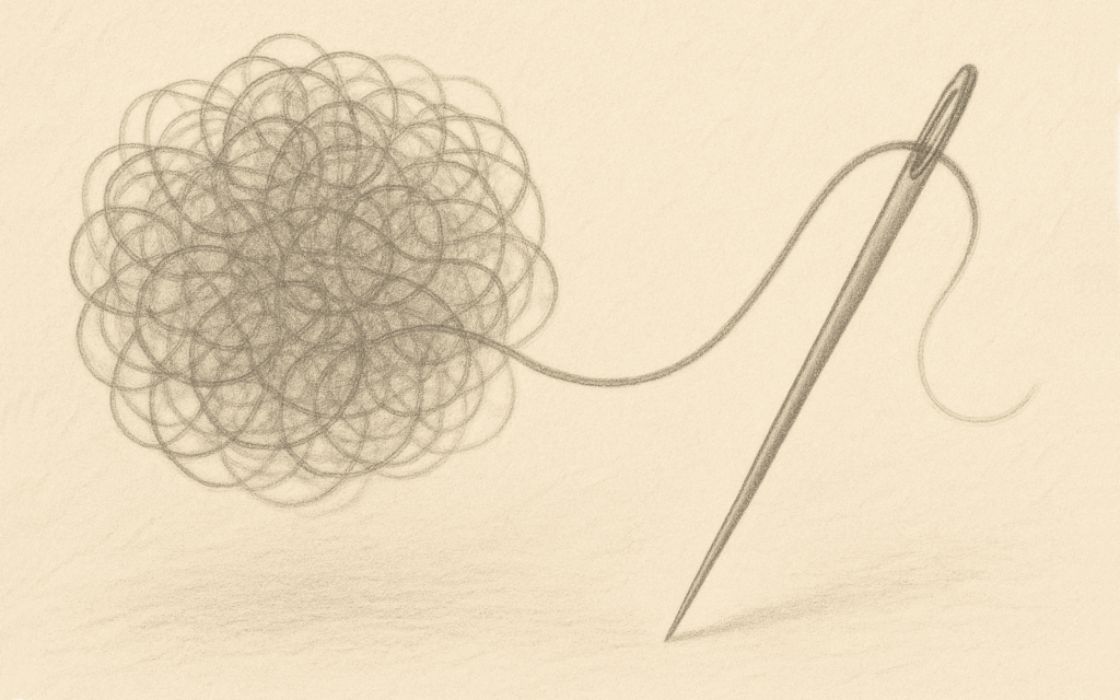 A graphite needle pulling a clean thread through chaotic scribbles, representing AI organizing content chaos