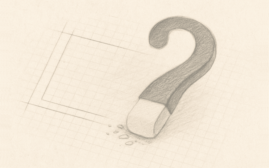 Faint blueprint line being gently erased by a large question‑mark‑shaped eraser—symbolizing openness to revise.