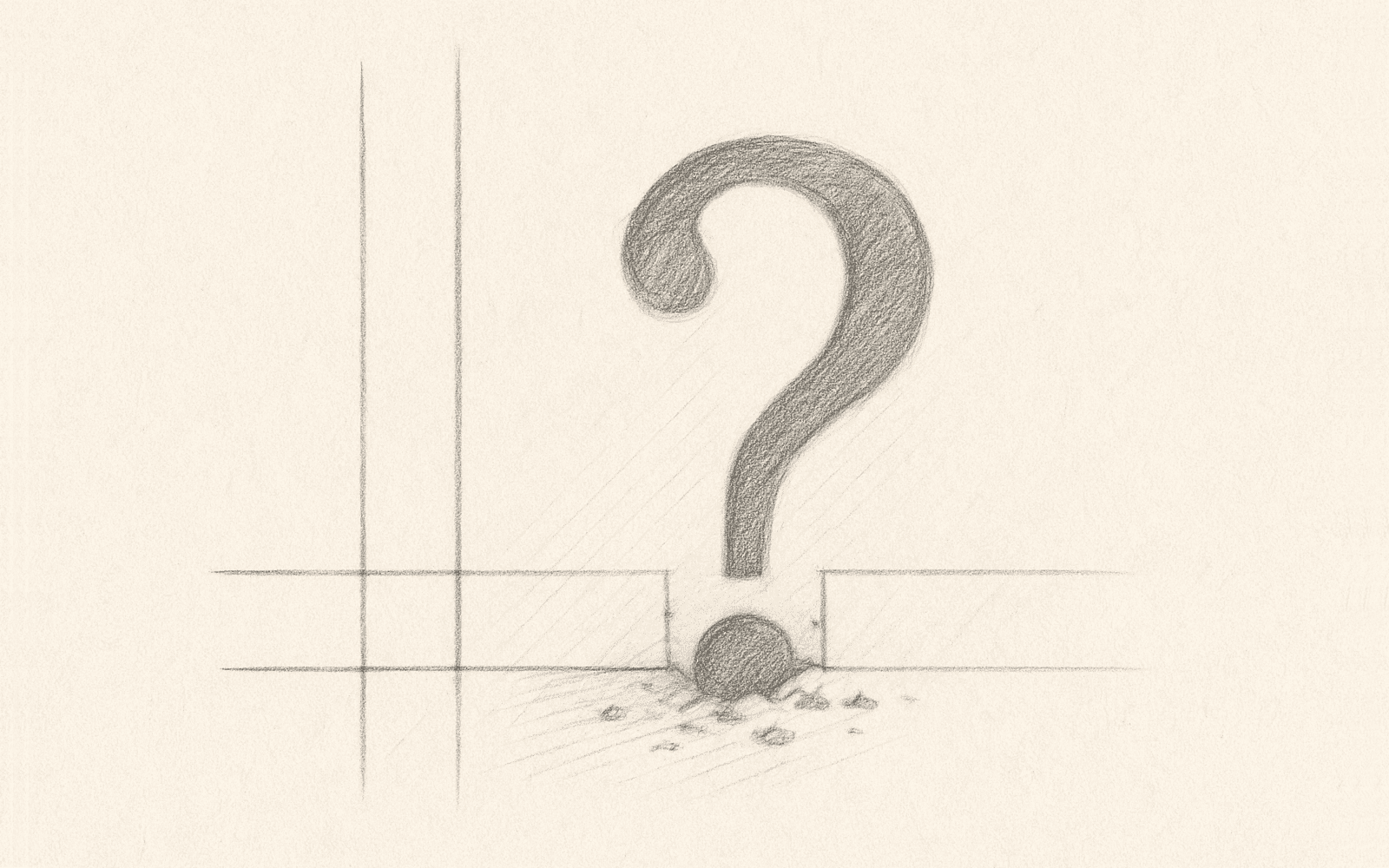 Miniature pencil‑drawn question mark bursting through a blueprint grid’s wall line, suggesting disruption and inquiry.