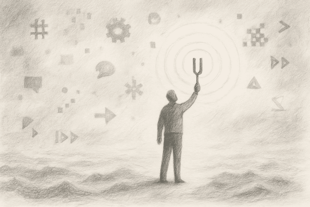 Human figure with tuning fork emitting clarity amid floating AI debris.