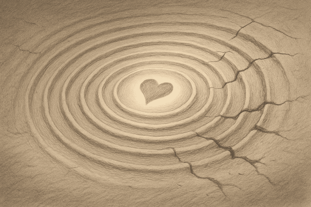 Concentric rings around a glowing brand symbol, outer rings breaking.