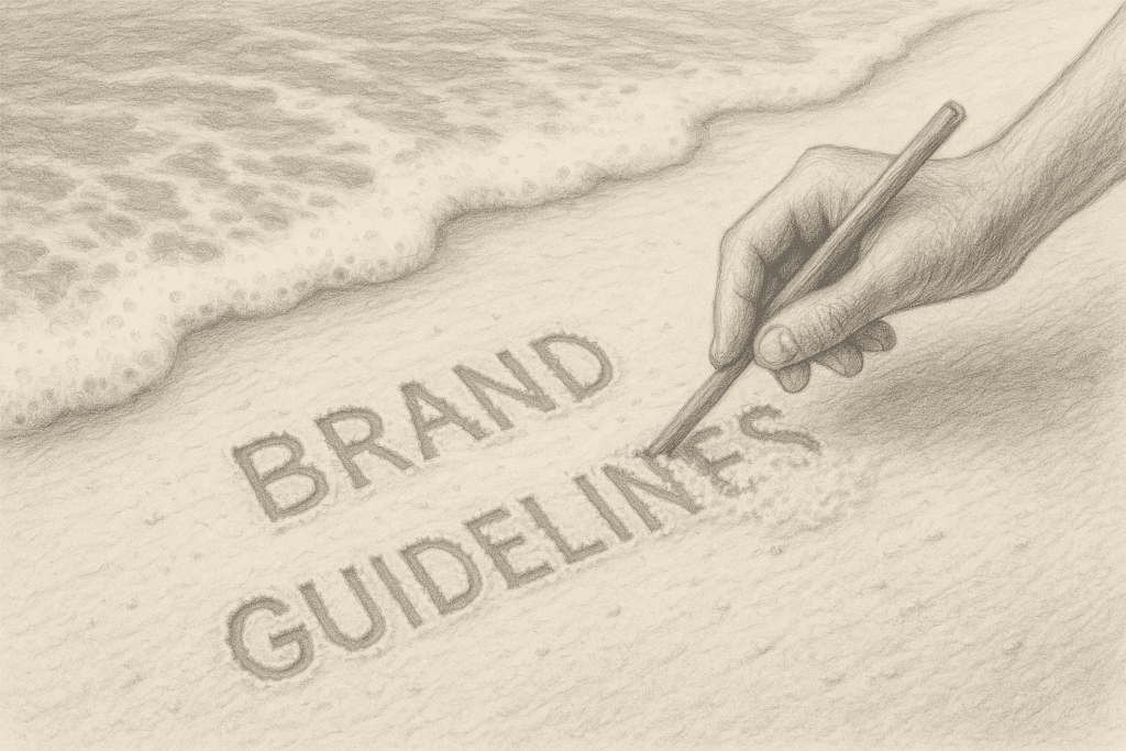 Hand writing brand rules on sand being gently erased by waves.