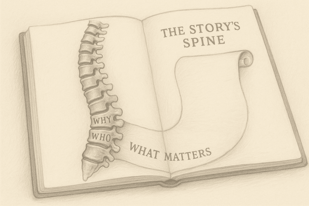 Spine illustration morphing into a scroll with brand storytelling principles.