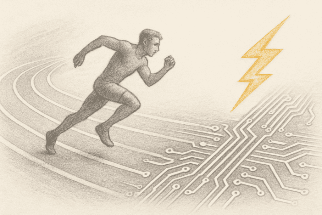 Silhouetted runner chasing lightning along a track fading into circuit patterns.