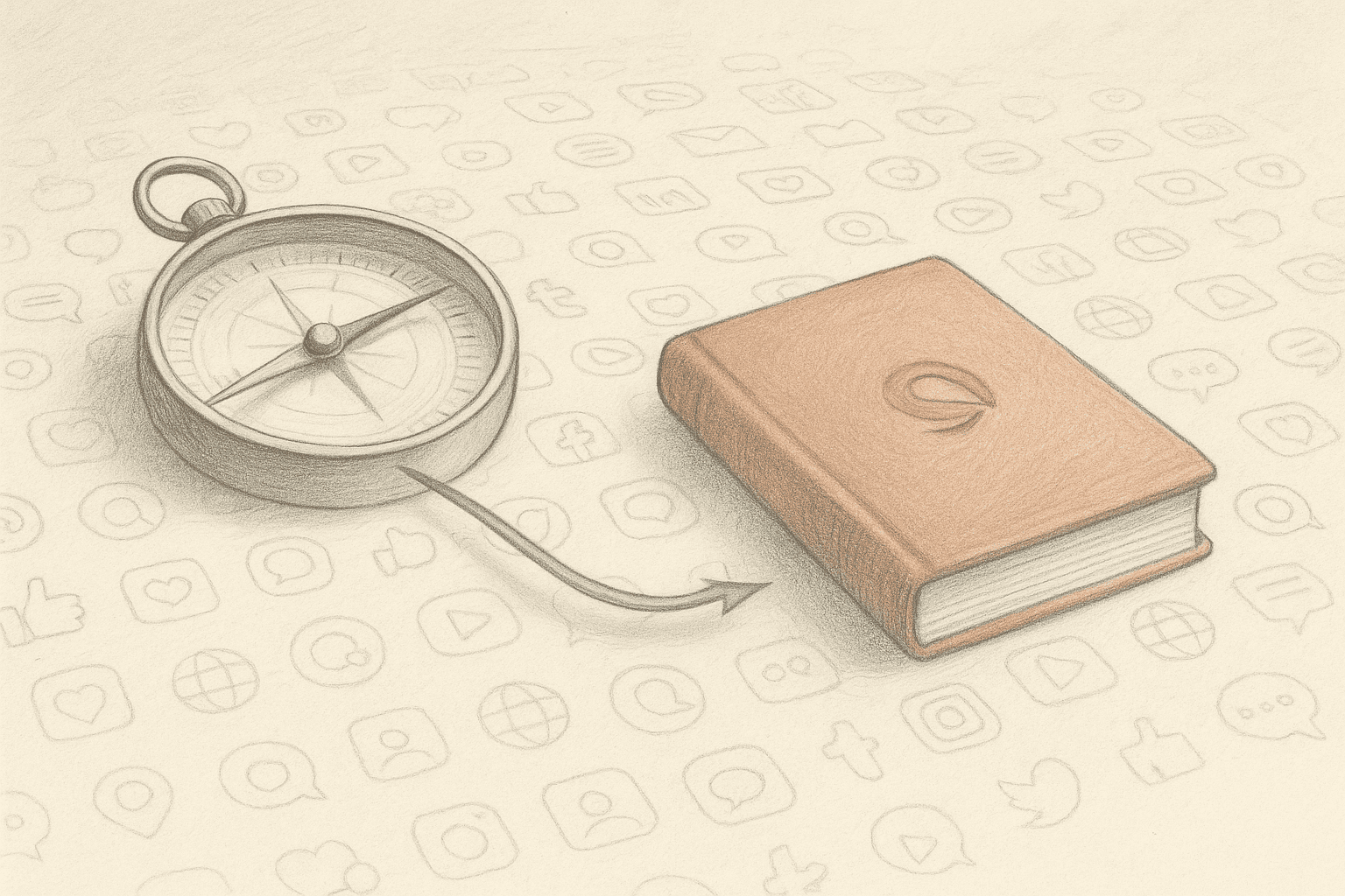 Compass pointing towards a narrative book on a background of social media icons.