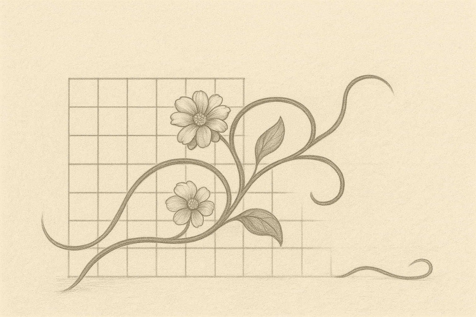 Ribbon flourishing within a structured wireframe grid.