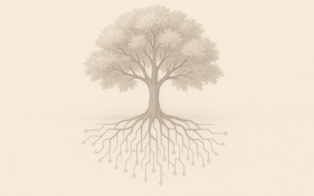 A pencil-drawn tree with visible roots shaped like circuits, symbolizing AI’s grounding support of creative work