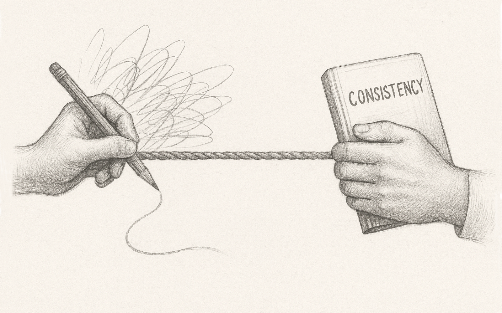 A pencil-sketched rope pulled between a freeform-drawing hand and a hand clutching a brand book, illustrating creative-brand tension