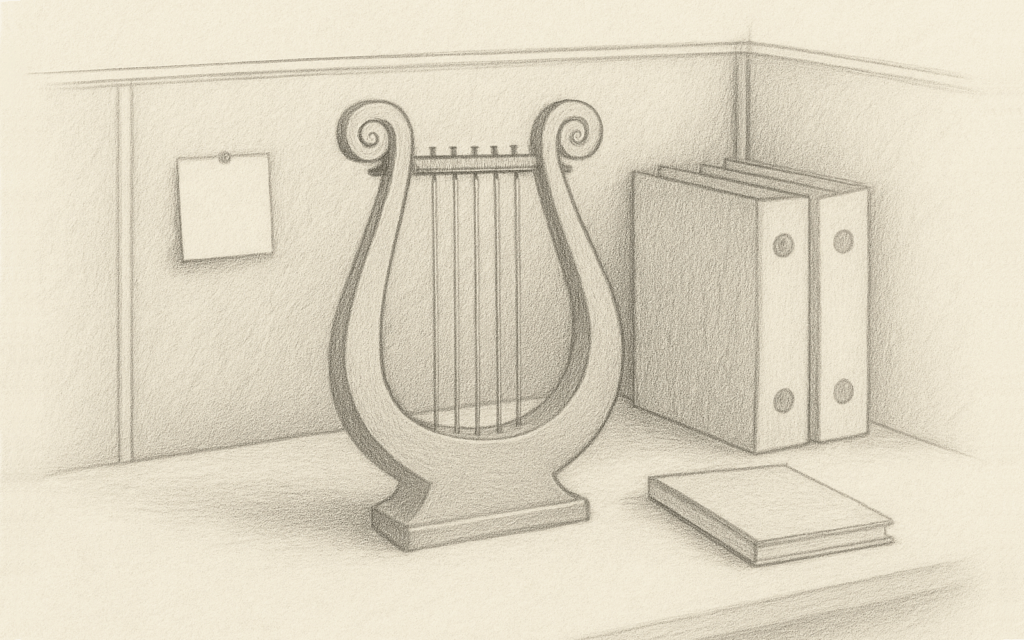 A cubicle wall sketched with harp-like strings being plucked, evoking emotional resonance in business spaces