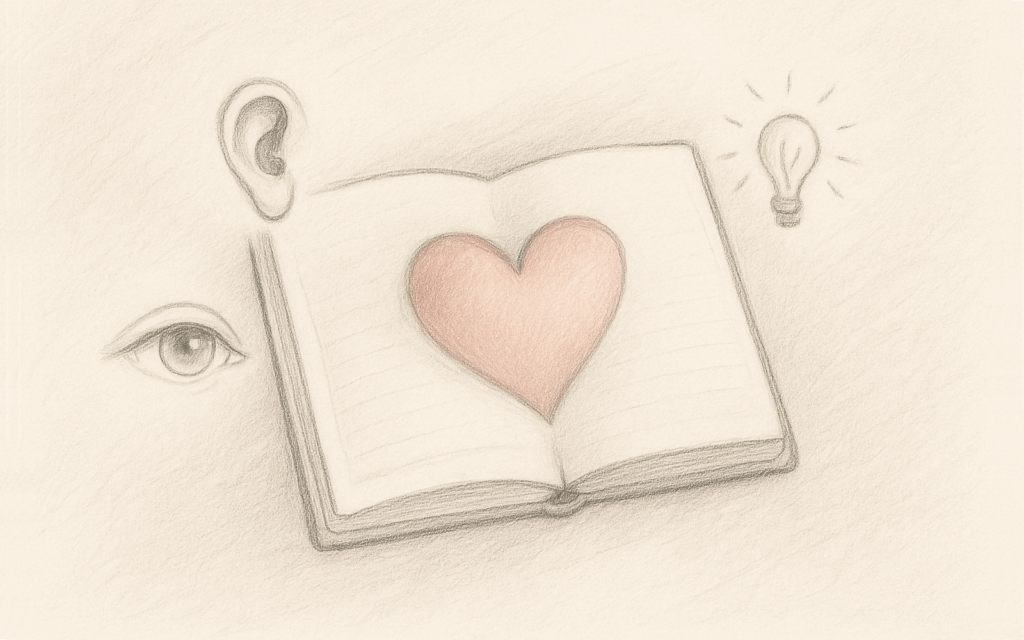 Hand‑drawn open notebook with a pencil‑sketched heart at center, surrounded by icons of listening, insight, and ideas.