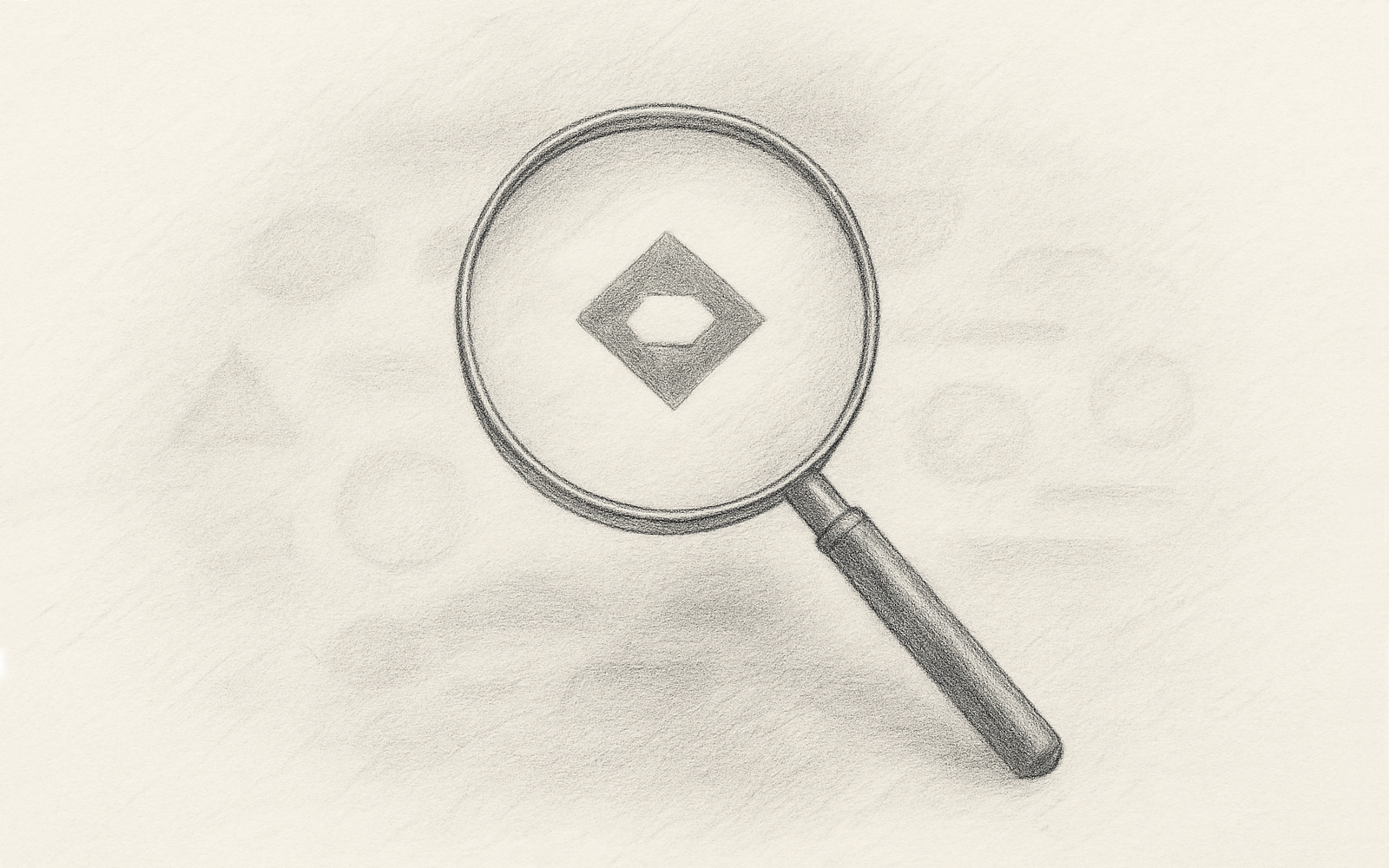 Pencil sketch of a translucent lens focusing blurred shapes into a clear abstract logo mark, symbolizing brand clarity and purpose.