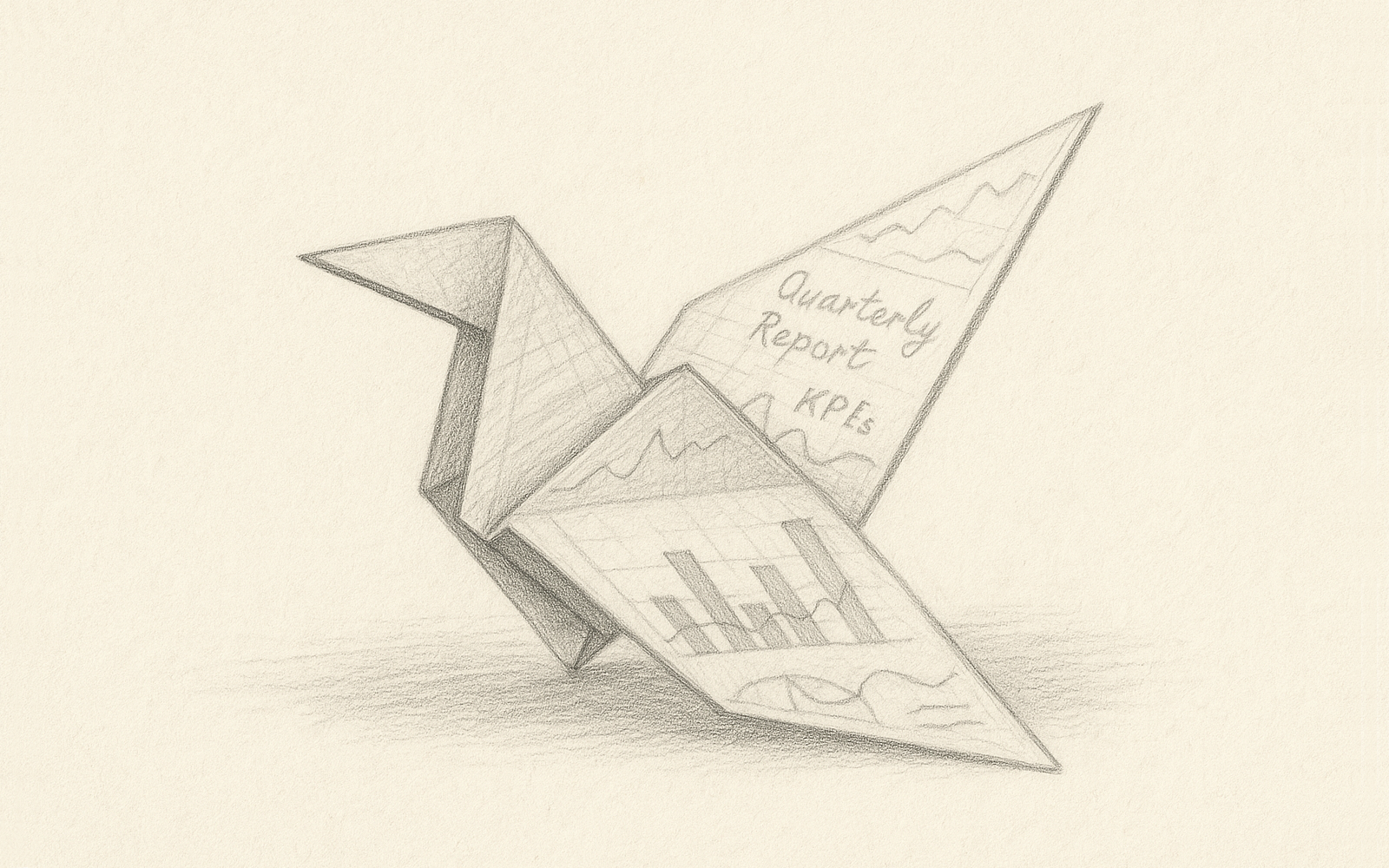 An origami bird folded from a quarterly report with faint business charts, symbolizing creativity in data storytelling