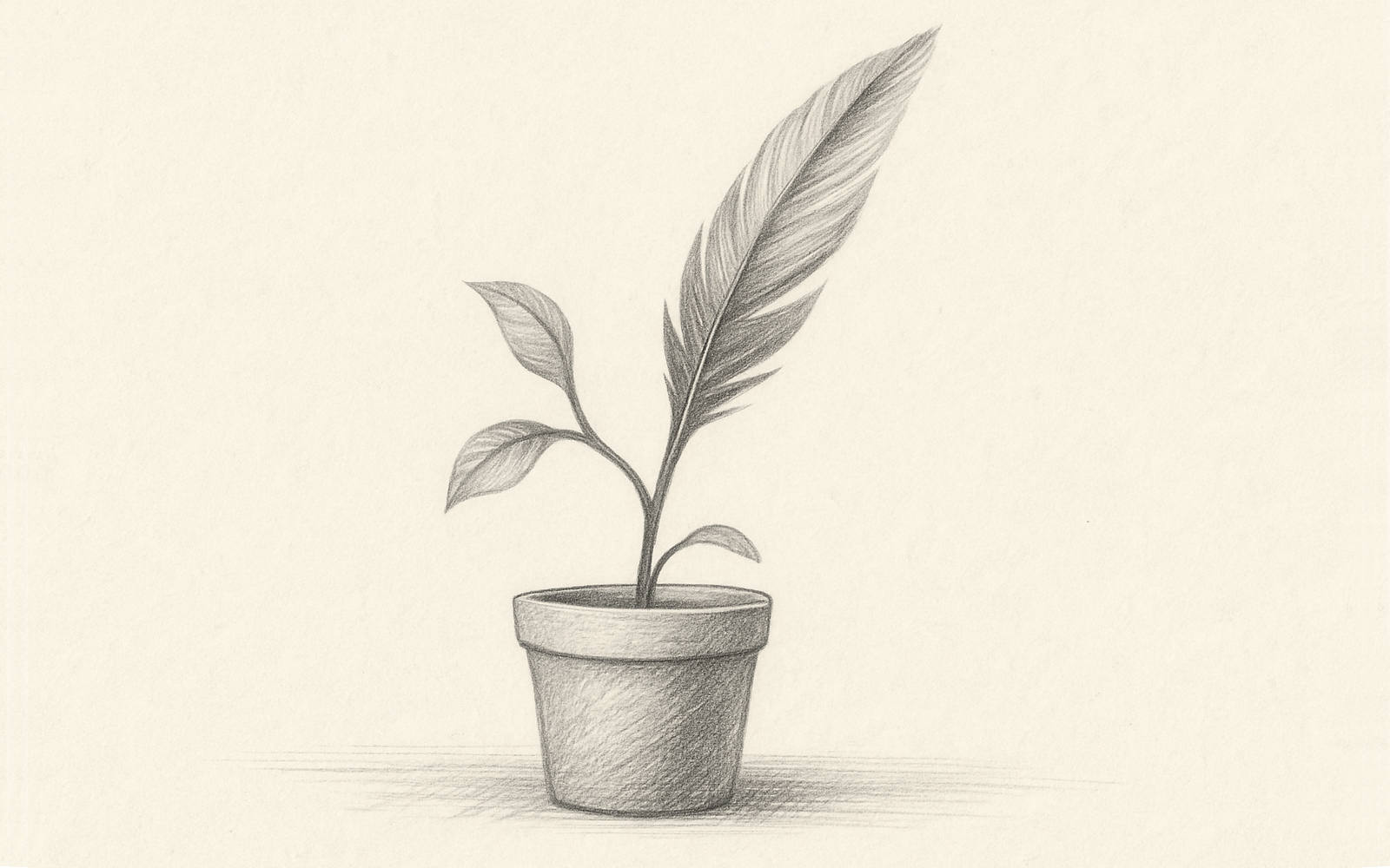 A corporate desk plant morphs into a poetic quill, symbolizing creativity in business