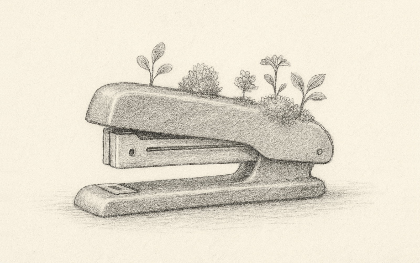 A classic office stapler with moss and leaves growing on it, symbolizing nature and creativity in corporate spaces