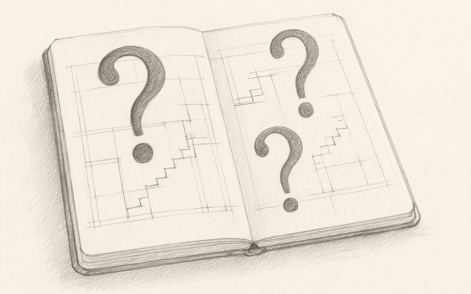 Graphite sketch of a Moleskine‑style architectural plan overlaid with oversized question marks—a playful take on rethinking brand foundations.