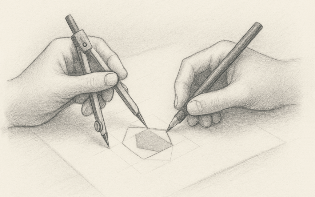 Hands sketching geometric shapes with pencil and compass on textured paper, symbolizing logo design as precise brand architecture.