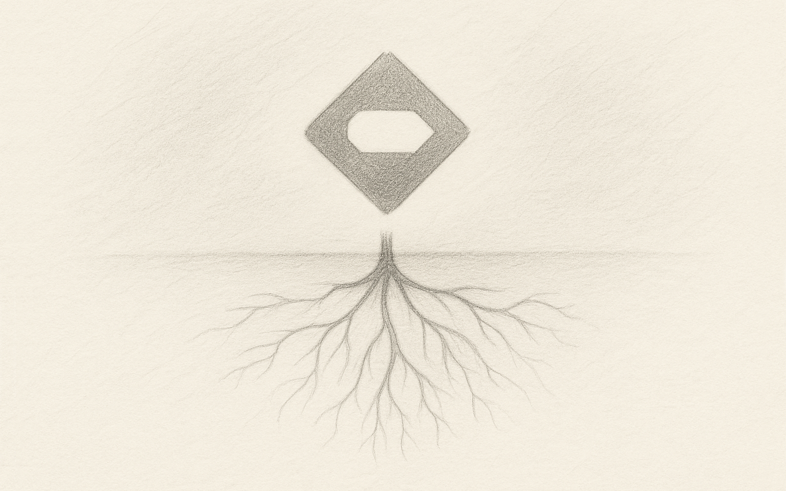 Abstract root system sketch growing beneath a simple symbol, representing brand values layered under visual identity.