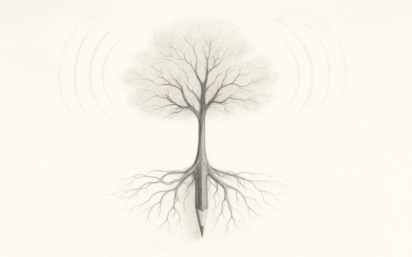 Pencil-rooted tree with branches transforming into abstract signal waves