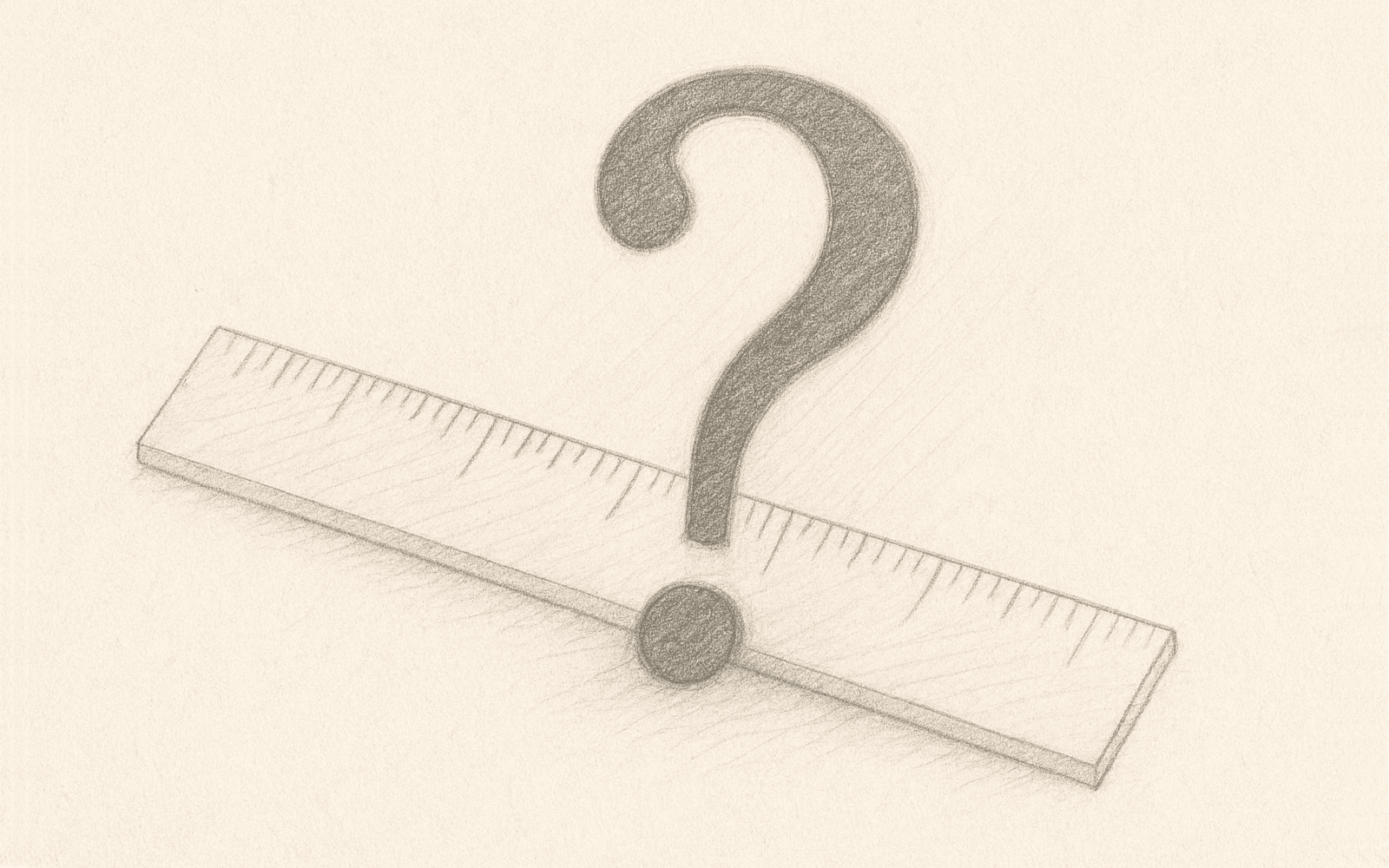 Graphite straightedge overlayed by a soft‑edged question mark—showing structure guided by uncertainty.