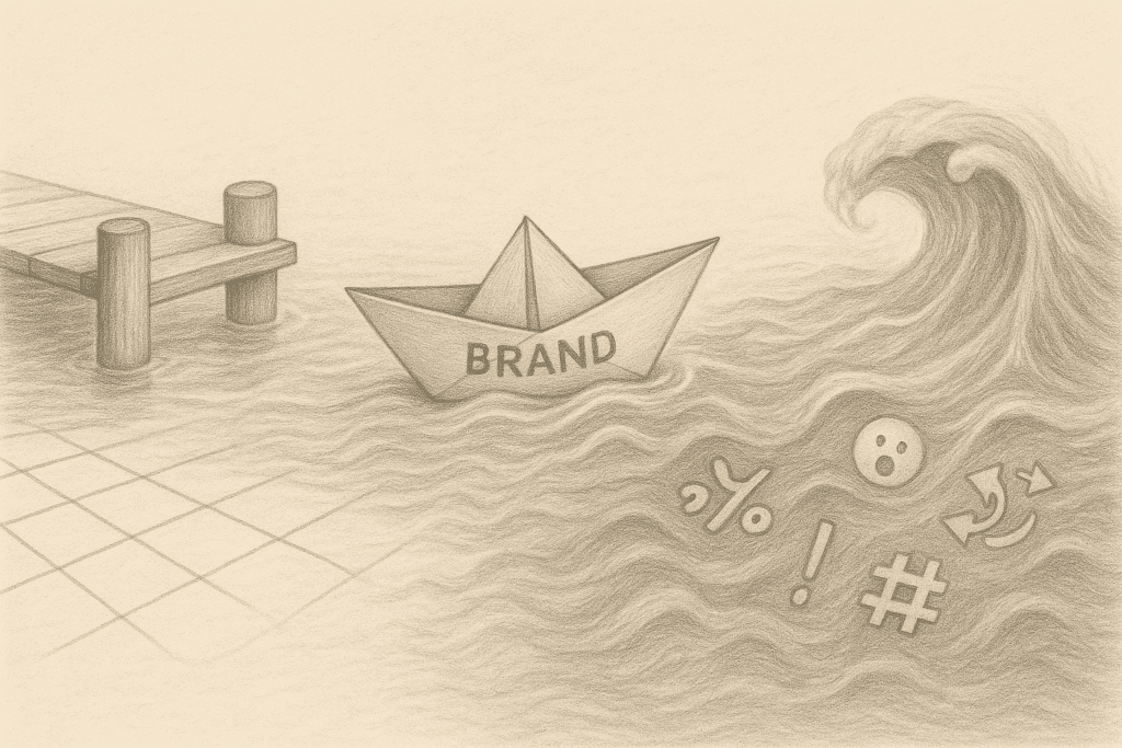Paper boat labeled "Brand" drifting from structured dock into chaotic social media waters.