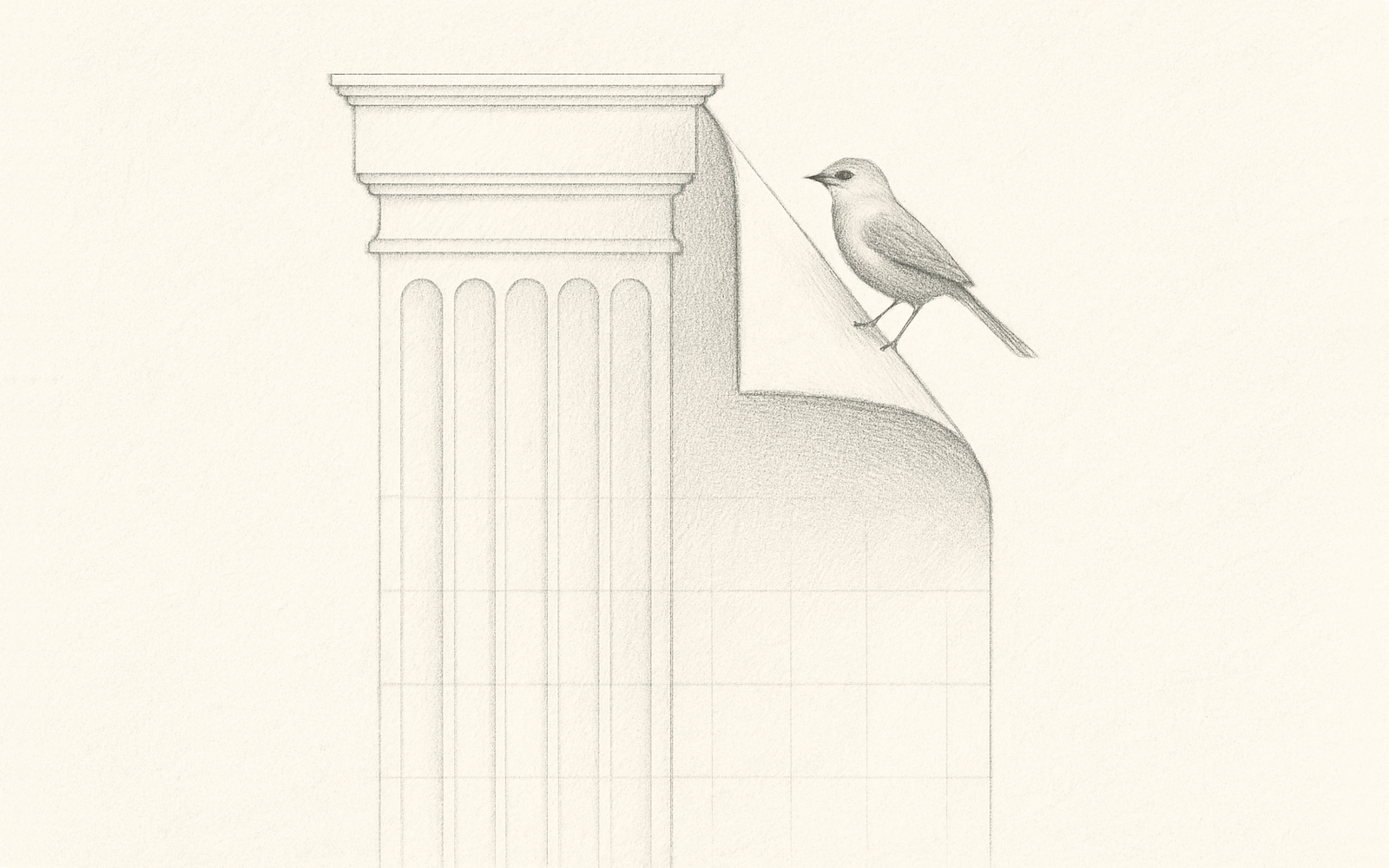 Architectural column with one panel peeled back and a bird sketch perched
