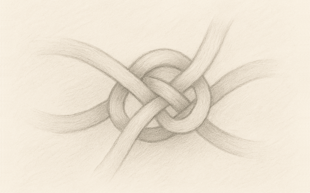 Pencil‑drawn abstract ribbons interwoven into an open knot, symbolizing cohesive brand storytelling.