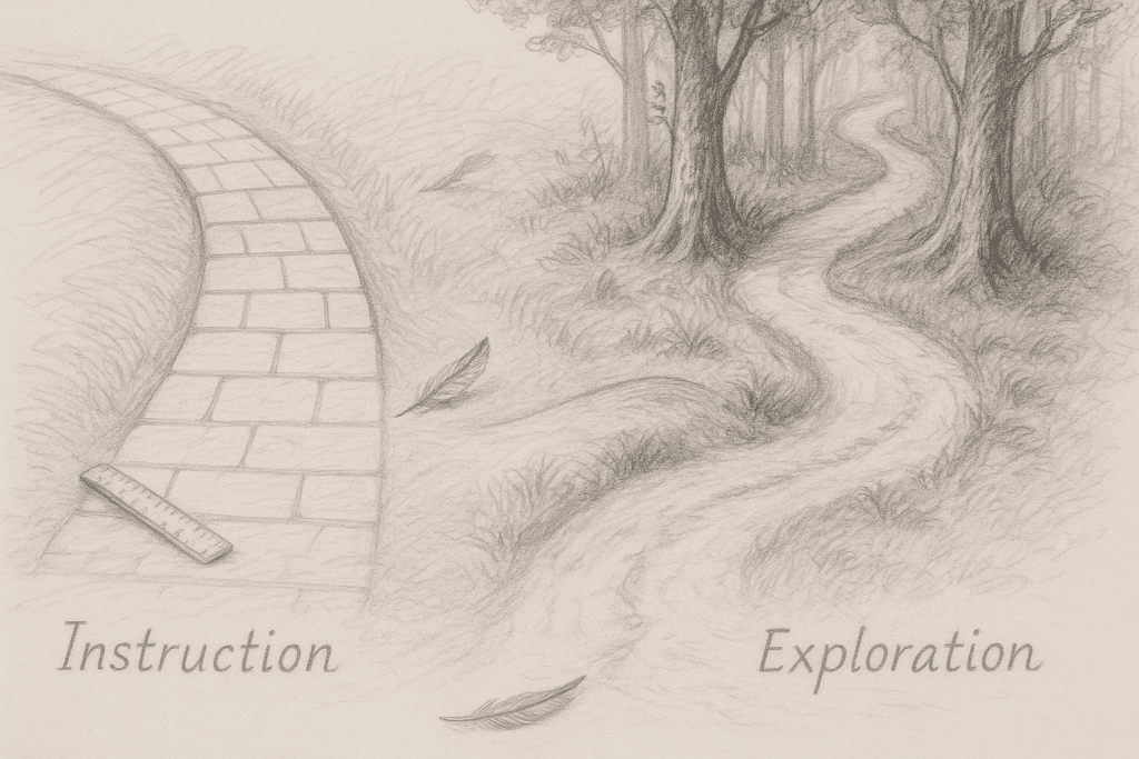 Two pencil paths, one paved and one wild, illustrate teaching AI brand voice through rules and exploration.