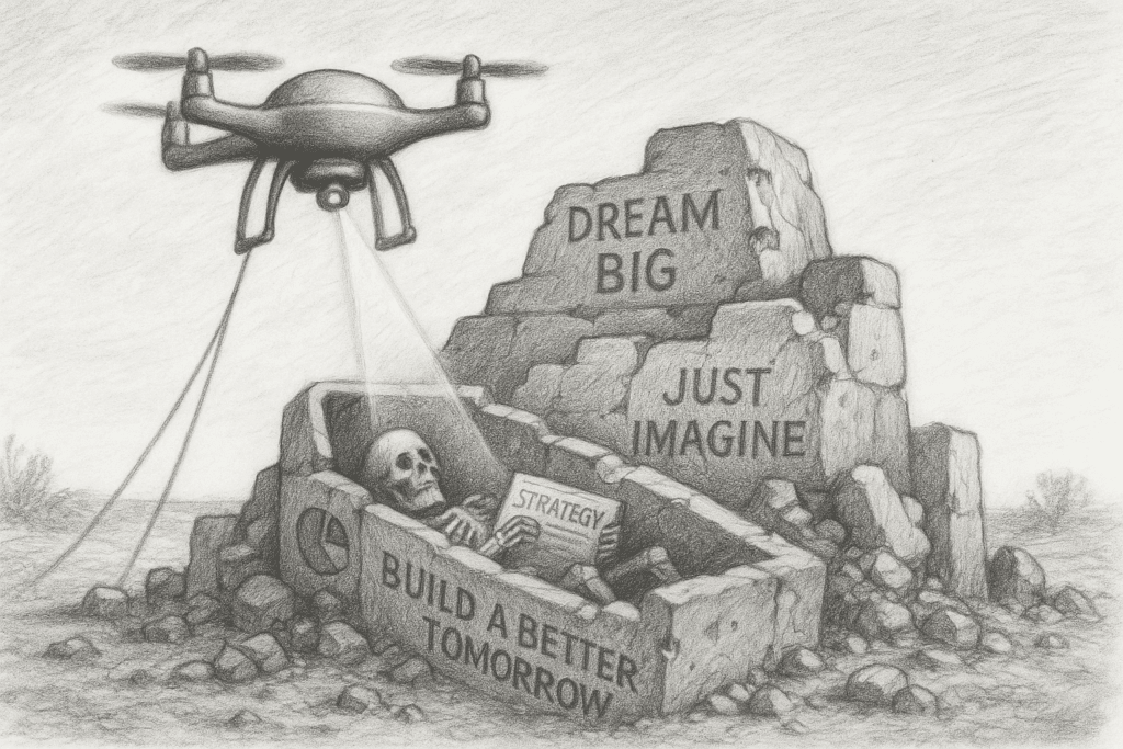 AI drone scans cracked slogans at collapsed brand pyramid site