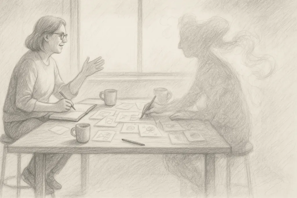 An image of a human and an AI artist sitting at a table collaborating together