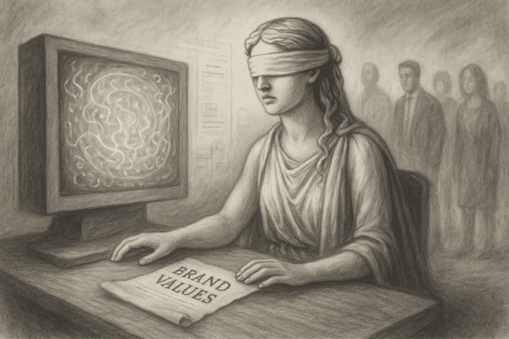 Blindfolded oracle at data terminal overlooks ancient scroll of brand values