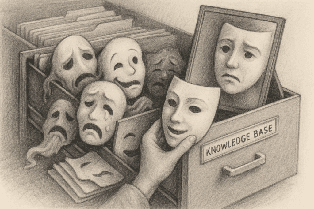 Filing cabinet of masks shows mismatched identities in reflection
