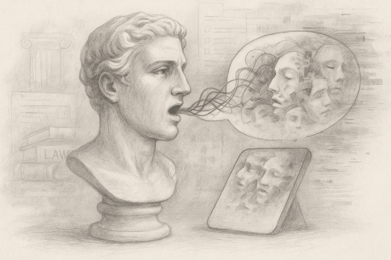 Classical marble bust distorts mid-sentence, emitting tangled wires and faces