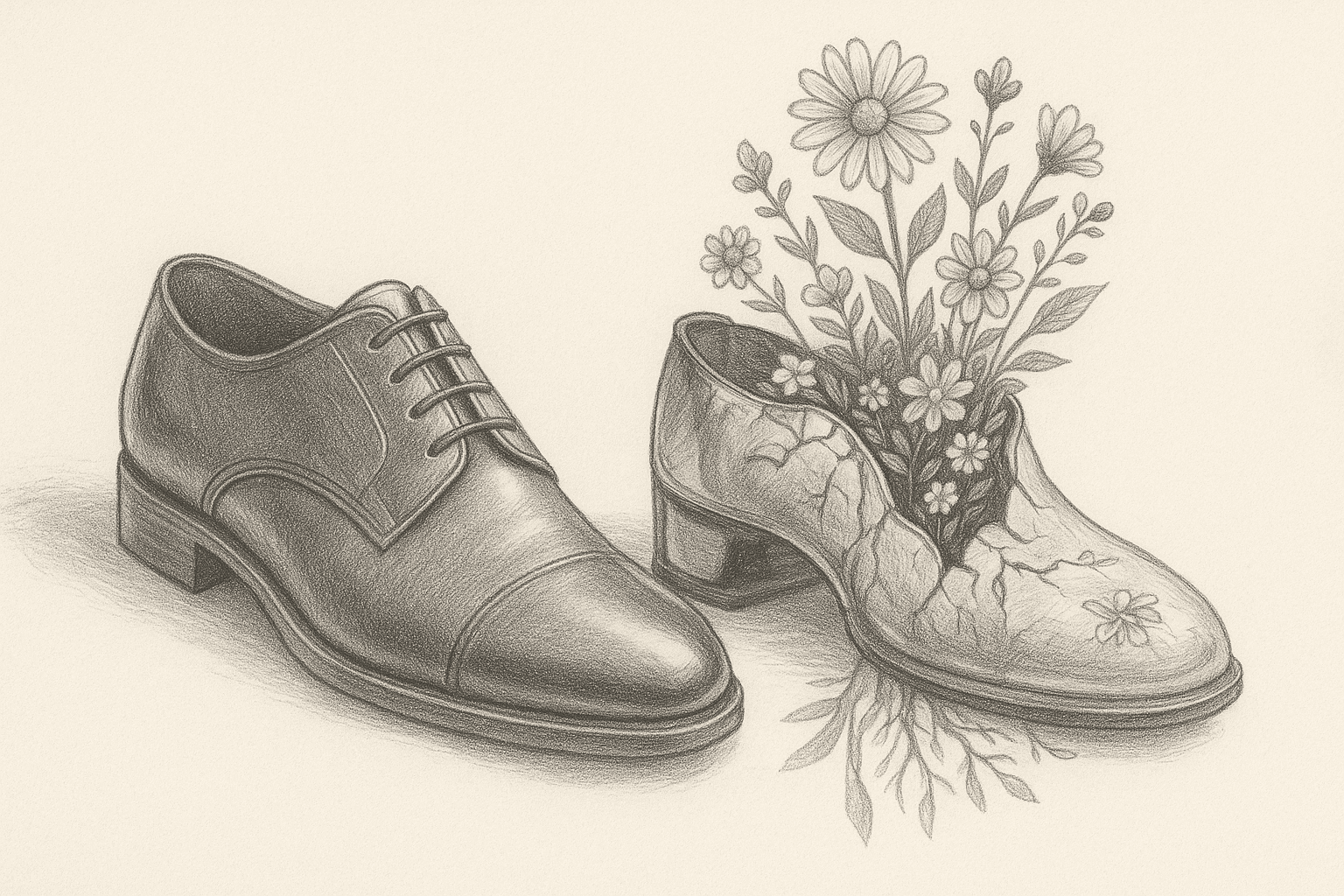 Polished shoe mirrored with a cracked version blooming into a garden, showing inner brand truth.
