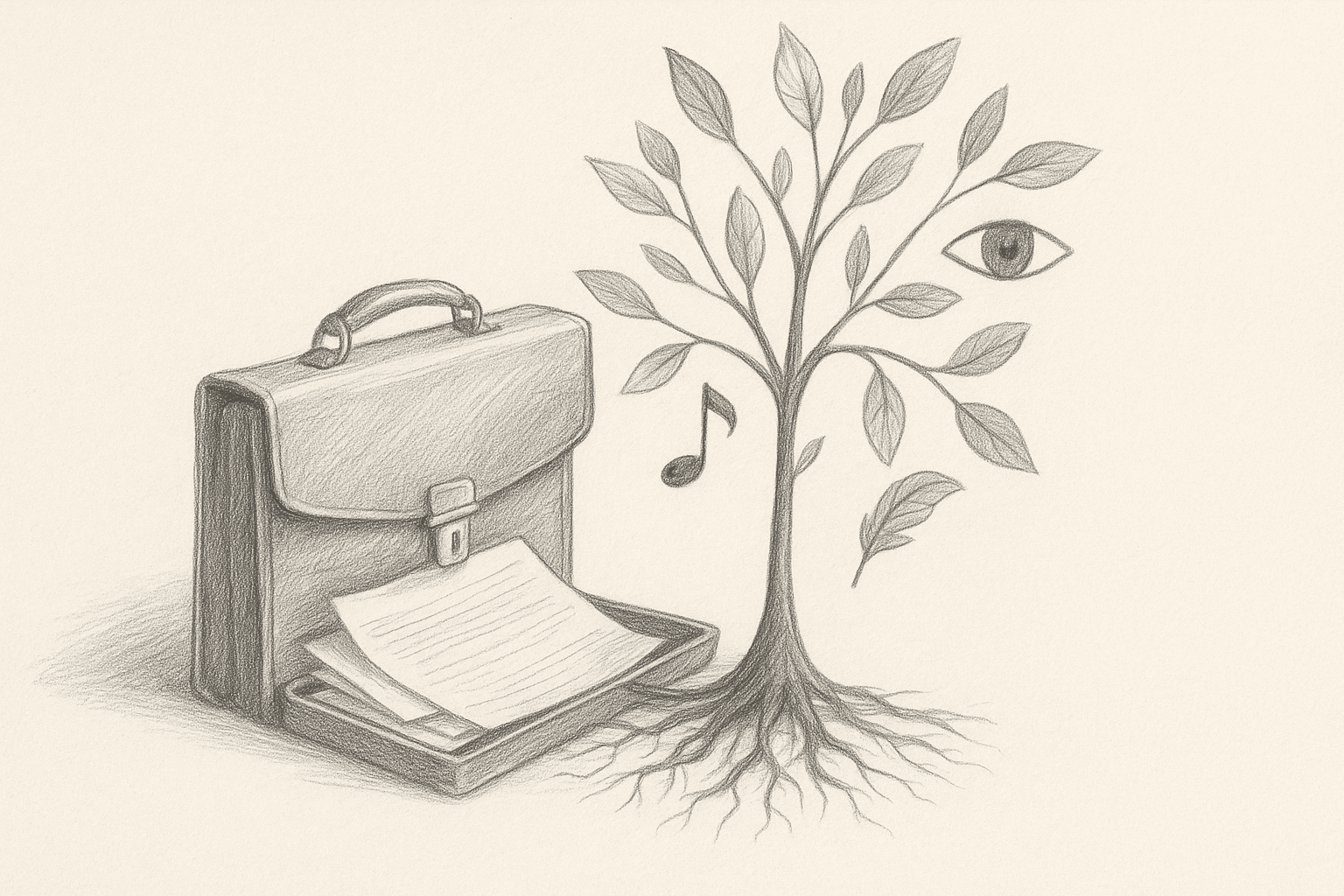 Tree grows from open briefcase filled with papers, symbolizing branding roots and expression.