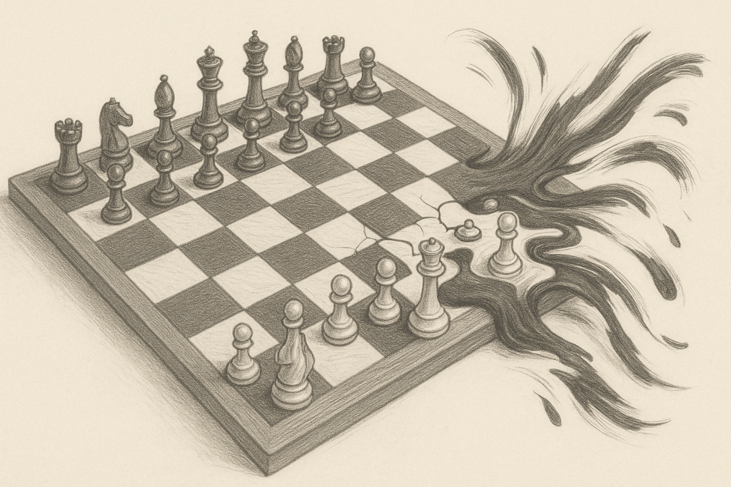 Melting chessboard transitions into expressive brushstrokes, blending strategy with brand emotion.