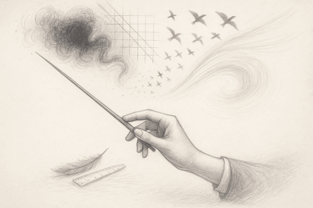 A baton gestures as abstract visuals emerge, symbolizing AI-enabled creative leadership.