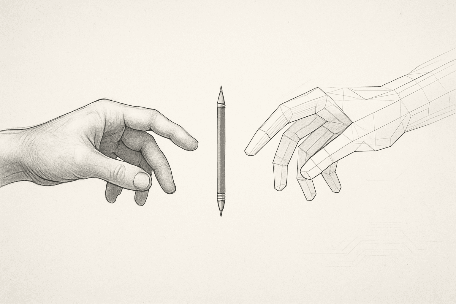 Human and AI hands meet over a floating pencil, symbolizing creative collaboration in brand strategy.