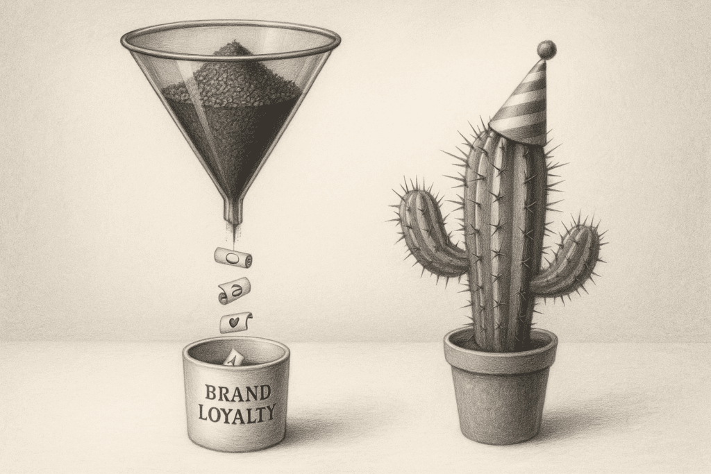 Graphite funnel slowly drops ideas into “Brand Loyalty” cup beside a cactus in party hat.