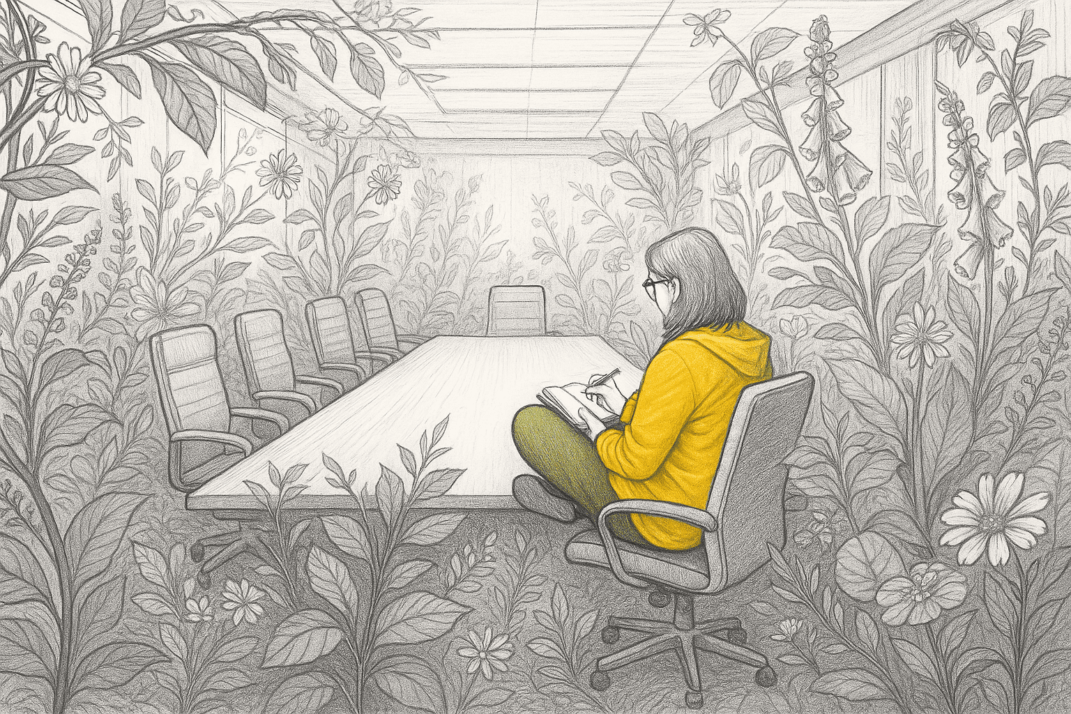 Sketch of a corporate boardroom overtaken by pencil-drawn plants, with woman calmly sketching ideas.