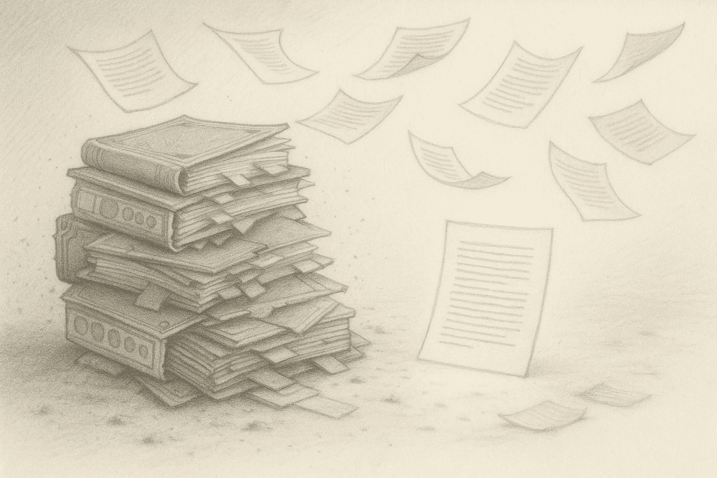 Outdated brand decks collapse as clean text pages rise, representing branding clarity through AI.