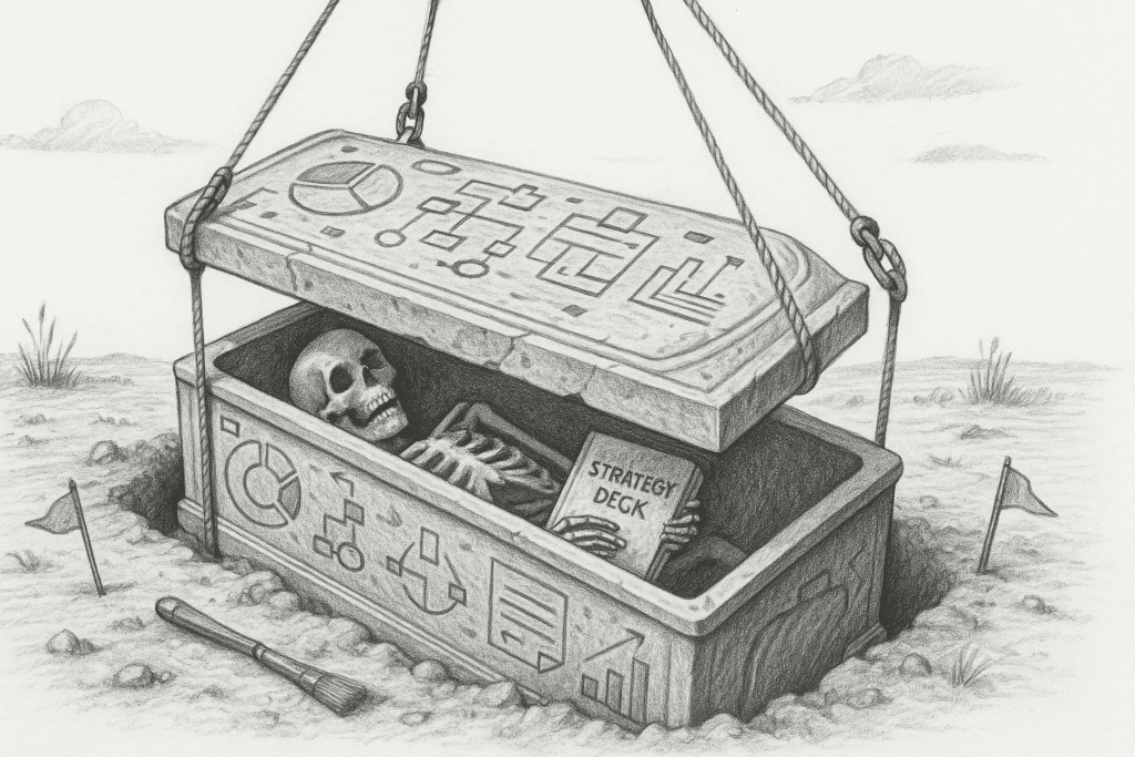 Sarcophagus with corporate symbols lifted during AI brand audit