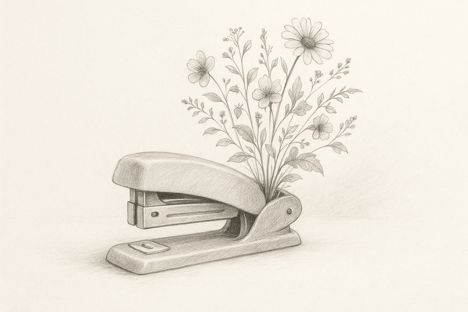 Wildflowers bloom from an office stapler, symbolizing creative AI collaboration.